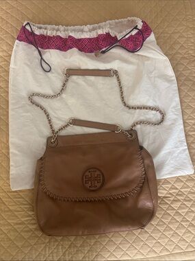 Tory Burch Rich Brown Leather Whipstitch Chain Shoulder Bag